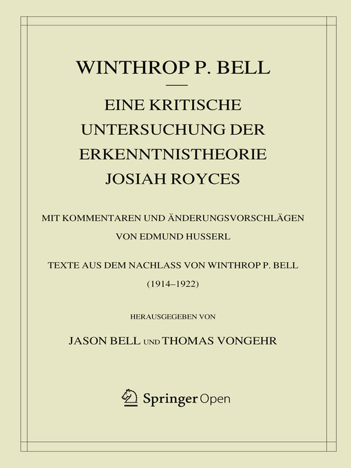 Title details for Eine kritische Untersuchung der Erkenntnistheorie Josiah Royces by Winthrop Bell - Available